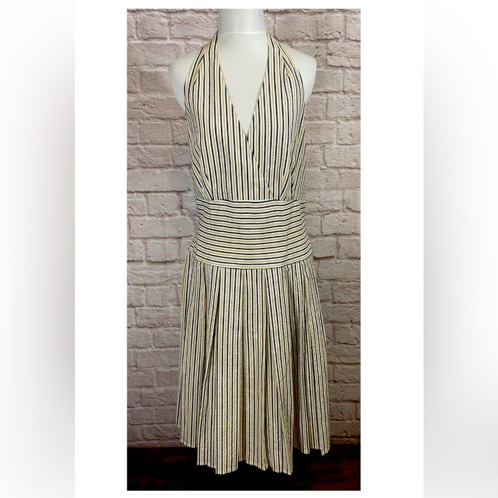 DUÉ Per DUÉ Retro Seersucker Halter Dress - Pleated Striped Woven Cotton - Picture 1 of 8